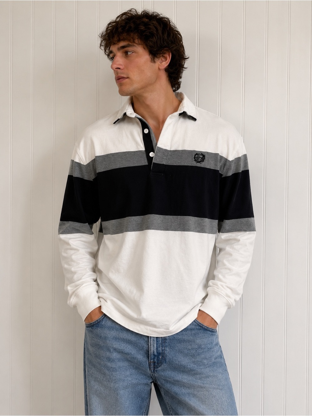 DH Striped Long Sleeve Rugby Shirt White Black Grey 100%Cotton Size Medium